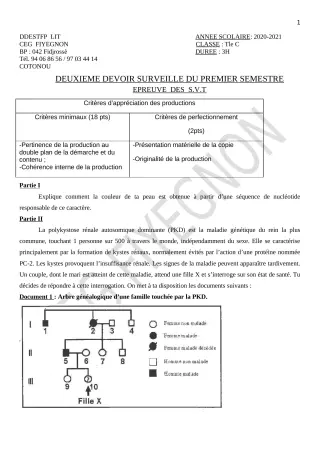 Première page de SVT Tle C — 2e devoir surveillé, 1er semestre (2020-2021) · CEG FIYEGNON