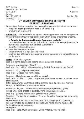 Première page de Espagnol 4e ML — 1er devoir surveillé, 2e semestre (2019-2020) · CEG du Lac
