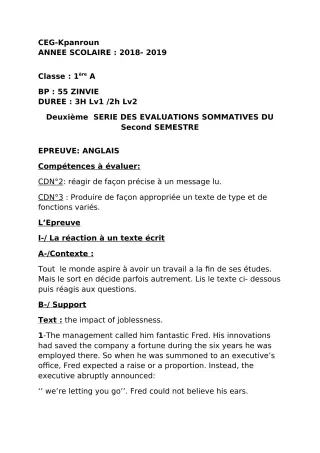 Première page de Anglais Tle A2 — 2e évaluation sommative, 2e semestre (2018-2019) · CEG Kpanroun