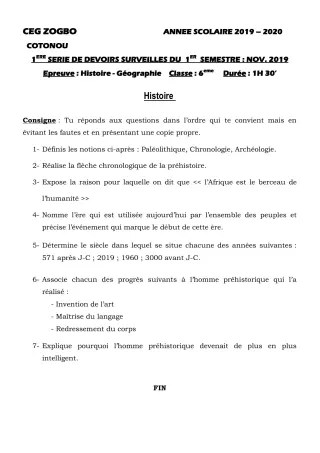 Première page de Histoire-Géographie 6e — 1er devoir surveillé, 1er semestre (2019-2020) · CEG ZOGBO