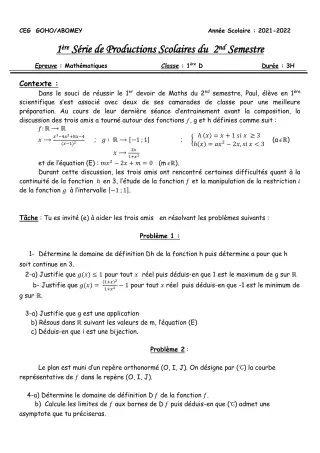 Première page de Mathématiques 1ère D — 1re production scolaire, 2e semestre (2021-2022) · CEG GOHO
