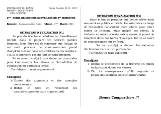 Première page de Français 6e, 5e, 4e, 4e ML, 3e, 3e ML — 2e devoir surveillé, 2e semestre (2018-2019) · CEG Donwari