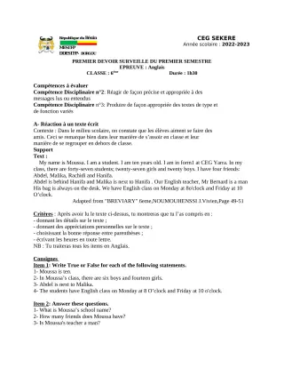 Première page de Anglais 6e — 1er devoir surveillé, 1er semestre (2022-2023) · CEG SEKERE