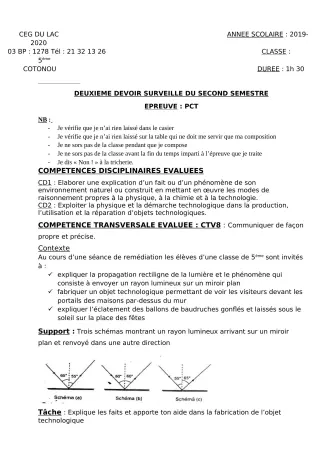 Première page de PCT 5e — 2e devoir surveillé, 2e semestre (2019-2020) · CEG du Lac