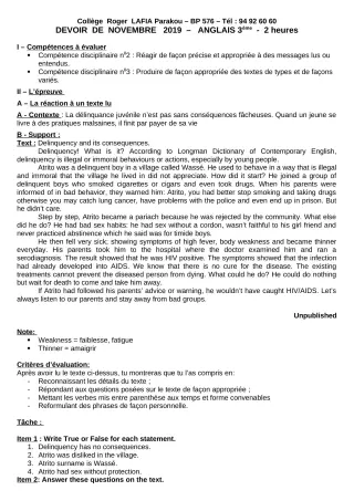Première page de Anglais 3e, 3e ML — Devoir surveillé (2019-2020) · CPEG Roger LAFIA