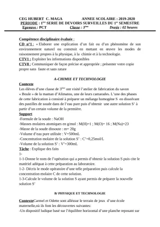 Première page de PCT 3e, 3e ML — 1er devoir surveillé, 1er semestre (2019-2020) · CEG Hubert C. MAGA