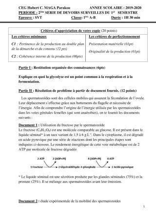 Première page de SVT 1ère A1, 1ère A2, 1ère B — 2e devoir surveillé, 1er semestre (2019-2020) · CEG Hubert C. MAGA
