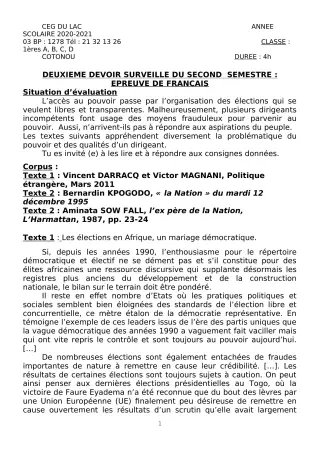 Première page de Français 1ère A2, 1ère B, 1ère C, 1ère D — 2e devoir surveillé, 2e semestre (2020-2021) · CEG du Lac
