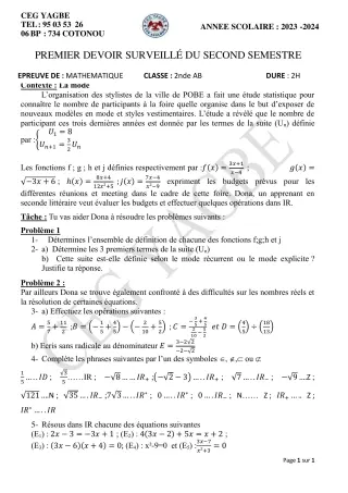 Première page de Mathématiques 2nde A2, 2nde B — 1er devoir surveillé, 2e semestre (2023-2024) · CEG Yagbe