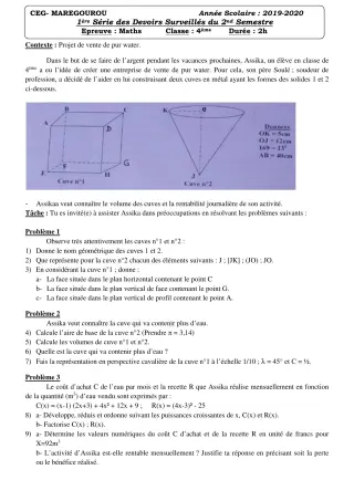 Première page de Mathématiques 4e ML&MC — 1er devoir surveillé, 2e semestre (2019-2020) · CEG MAREGOUROU