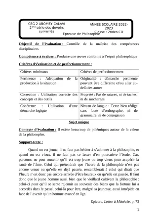 Première page de Philosophie 2nde C — 2e devoir surveillé, 1er semestre (2022-2023) · CEG2 ABOMEY - CALAVI (CEG ZOCA)