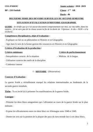 Première page de Histoire-Géographie 1ère A1, 1ère A2, 1ère B — 2e devoir surveillé, 2e semestre (2018-2019) · CEG PAHOU
