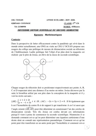 Première page de Mathématiques 2nde C, 2nde D — 2e devoir surveillé, 2e semestre (2019-2020) · CEG l'Océan