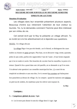Première page de Français 6e — 2e devoir surveillé, 2e semestre (2019-2020) · CEG ADJOVICODJI 'LES OLIVIERS'