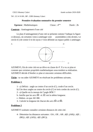 Première page de Mathématiques 6e, 5e, 4e, 4e ML, 3e, 3e ML — 1re évaluation sommative, 1er semestre (2019-2020) · CEG3 ABOMEY CALAVI