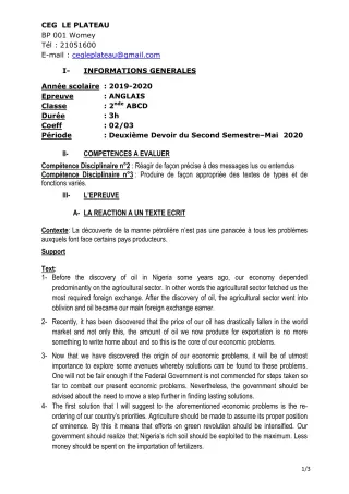 Première page de Anglais 2nde A & B, 2nde C, 2nde D — 2e devoir surveillé, 2e semestre (2019-2020) · CEG Le Plateau