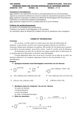 Première page de PCT 1ère D — 1er devoir surveillé (2020-2021) · CEG SEKERE