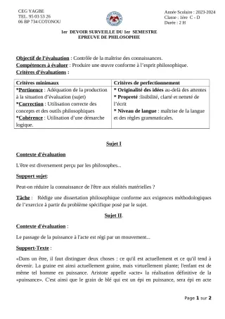 Première page de Philosophie 1ère C, 1ère D — 1er devoir surveillé, 1er semestre (2023-2024) · CEG Yagbe