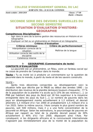 Première page de Histoire-Géographie 1ère A2, 1ère B — 2e devoir surveillé, 2e semestre (2018-2019) · CEG du Lac