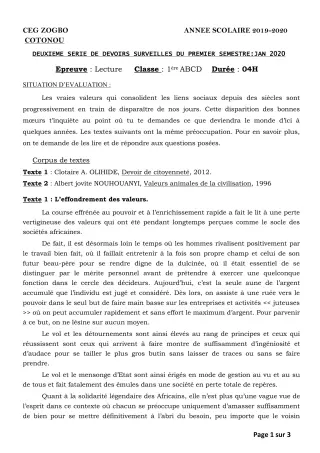 Première page de Français 1ère A1, 1ère A2, 1ère B, 1ère C, 1ère D — 2e devoir surveillé, 1er semestre (2019-2020) · CEG ZOGBO