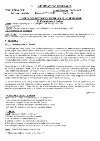 Première page de Anglais 2nde A2, 2nde B, 2nde D — 1er devoir surveillé, 1er semestre (2022-2023) · CEG LE NOKOUE