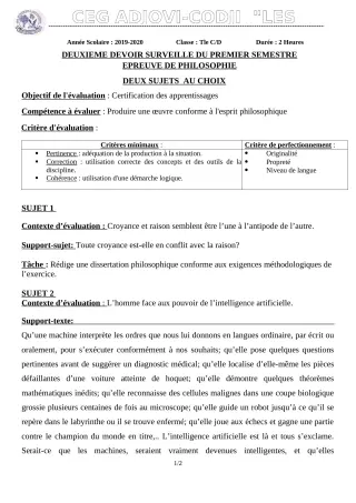 Première page de Philosophie Tle D — 2e devoir surveillé, 1er semestre (2019-2020) · CEG ADJOVICODJI 'LES OLIVIERS'