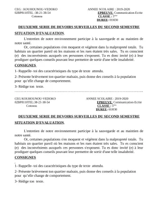 Première page de Français 5e — 2e devoir surveillé, 2e semestre (2019-2020) · CEG Kouhounou-Vêdoko
