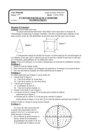 Première page de Mathématiques 6e — 2e devoir surveillé, 1er semestre (2020-2021) · CEG SEKERE