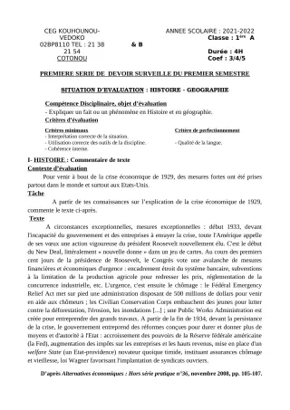 Première page de Histoire-Géographie 1ère A1, 1ère A2, 1ère B — 1er devoir surveillé, 1er semestre (2021-2022) · CEG Kouhounou-Vêdoko