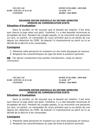 Première page de Français 6e — 2e devoir surveillé, 2e semestre (2019-2020) · CEG du Lac