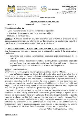 Première page de Espagnol 1ère A — 1er devoir surveillé, 2e semestre (2022-2023) · CEG1 Ikpinlè