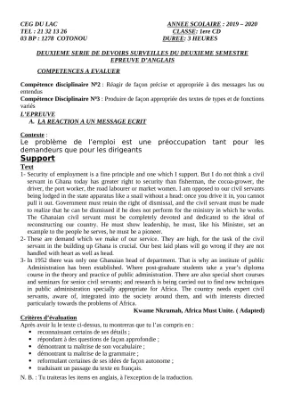 Première page de Anglais 1ère C — 2e devoir surveillé, 2e semestre (2019-2020) · CEG du Lac