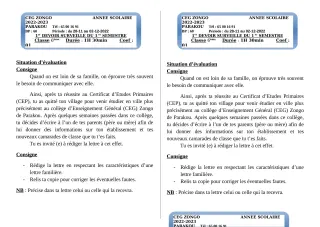 Première page de Français 6e, 5e, 4e, 4e ML, 3e, 3e ML, 2nde A, 2nde A2, 2nde B, 2nde C, 2nde D, 1ère A1, 1ère A2, 1ère B, 1ère C, 1ère D, Tle A1, Tle A2, Tle B, Tle C, Tle D — 1er devoir surveillé, 1er semestre (2022