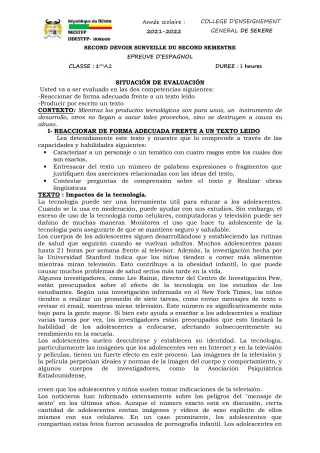 Première page de Espagnol 1ère A2 — 2e devoir surveillé, 2e semestre (2021-2022) · CEG SEKERE
