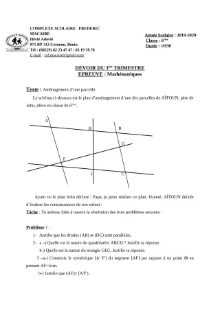 Première page de Mathématiques 6e — Devoir surveillé (2019-2020) · CPEG Frédéric Macaire