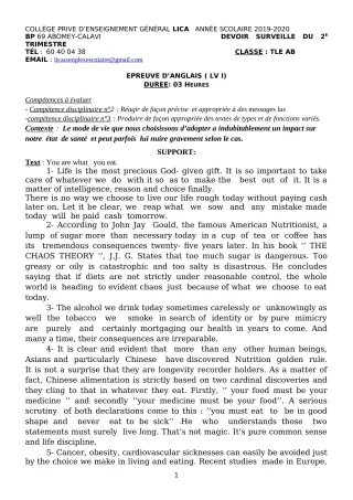 Première page de Anglais Tle A2, Tle B — 1er devoir surveillé (2019-2020) · CPEG LICA