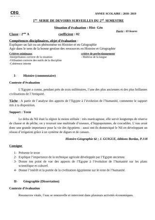 Première page de Histoire-Géographie 2nde A — 1er devoir surveillé, 2e semestre (2018-2019) · CEG TOUI