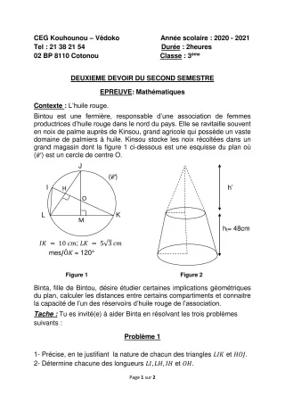 Première page de Mathématiques 3e, 3e ML — 2e devoir surveillé, 2e semestre (2020-2021) · CEG Kouhounou-Vêdoko