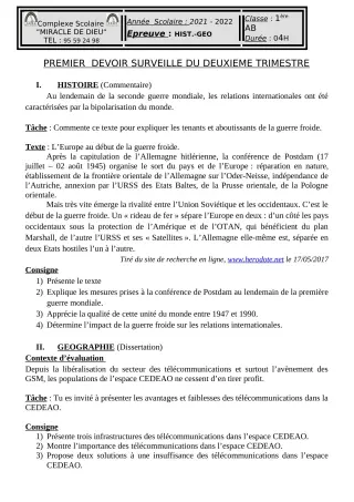 Première page de Histoire-Géographie 6e, 5e, 4e, 3e, 2nde A1, 2nde D, 1ère A2, 1ère D, Tle A2, Tle D — 1er devoir surveillé, 2e trimestre (2021-2022) · CPEG Miracle de Dieu
