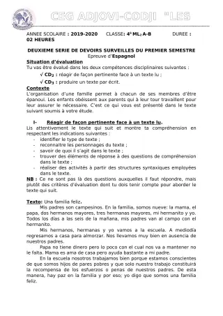 Première page de Espagnol 4e ML — 2e devoir surveillé, 1er semestre (2019-2020) · CEG ADJOVICODJI 'LES OLIVIERS'