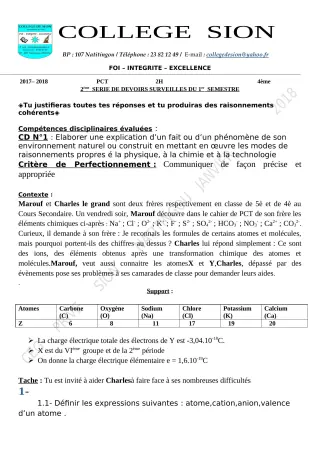 Première page de PCT 4e — Devoir surveillé, 1er semestre (2019-2020) · CEG PRIVE SION DES AD