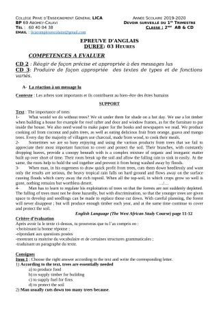 Première page de Anglais 2nde A2, 2nde B, 2nde C, 2nde D — Devoir surveillé, 1er trimestre (2019-2020) · CPEG LICA