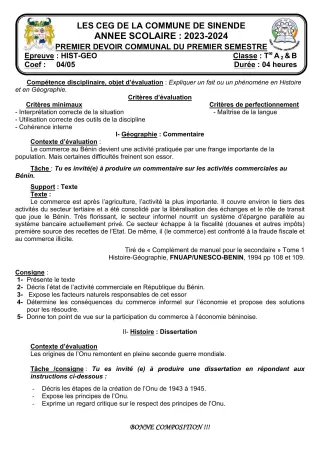 Première page de Histoire-Géographie Tle A2 — Composition, 1er semestre (2023-2024) · CEG SEKERE