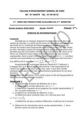 Première page de Mathématiques 1ère A2 — 1re production scolaire, 2e semestre (2018-2019) · CEG Yoko