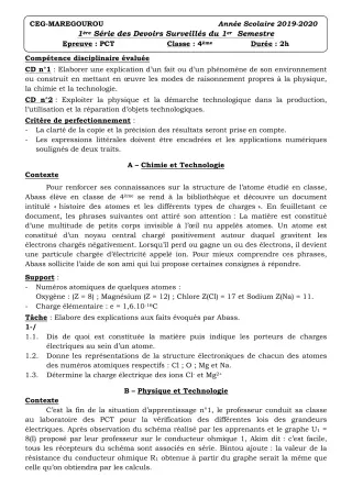 Première page de PCT 4e — 1er devoir surveillé (2019-2020) · CEG MAREGOUROU