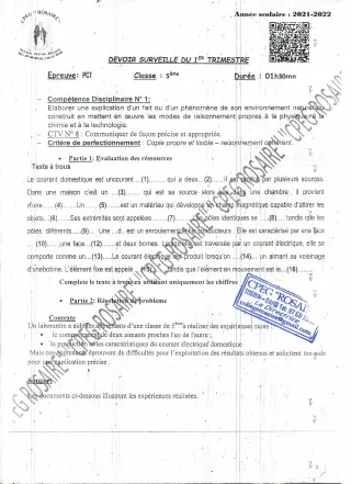 Première page de PCT 5e — Devoir surveillé (2021-2022) · CPEG ROSAIRE