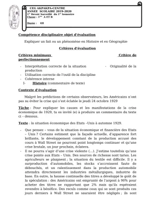 Première page de Histoire-Géographie 1ère A1, 1ère A2, 1ère B — 1er devoir surveillé, 1er semestre (2019-2020) · CEG 1 Akpakpa-Centre