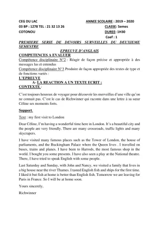 Première page de Anglais 5e — 1er devoir surveillé, 2e semestre (2019-2020) · CEG du Lac