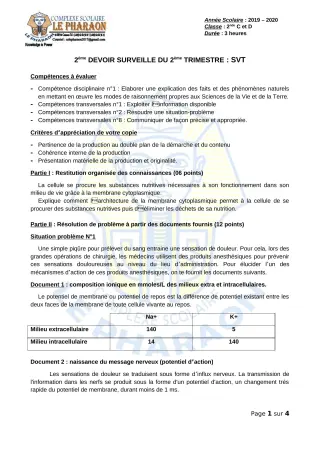 Première page de SVT 2nde C, 2nde D — 2e devoir surveillé, 2e trimestre (2019-2020) · CPEG LE PHARAON