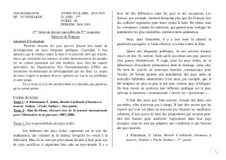 Première page de Français 2nde A2, 2nde B, 2nde C, 2nde D — 2e devoir surveillé, 2e semestre (2018-2019) · CEG Banikanni